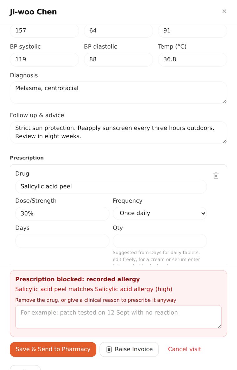 A prescription for salicylic acid peel blocked because the patient has a recorded salicylic acid allergy